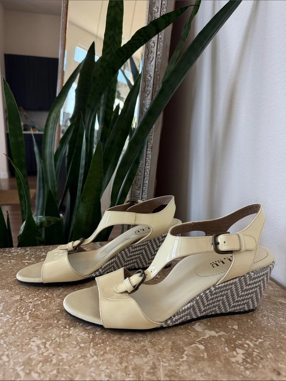Anyi Lu Cream Patent Leather Buckle Slingback Heels Made in Italy
